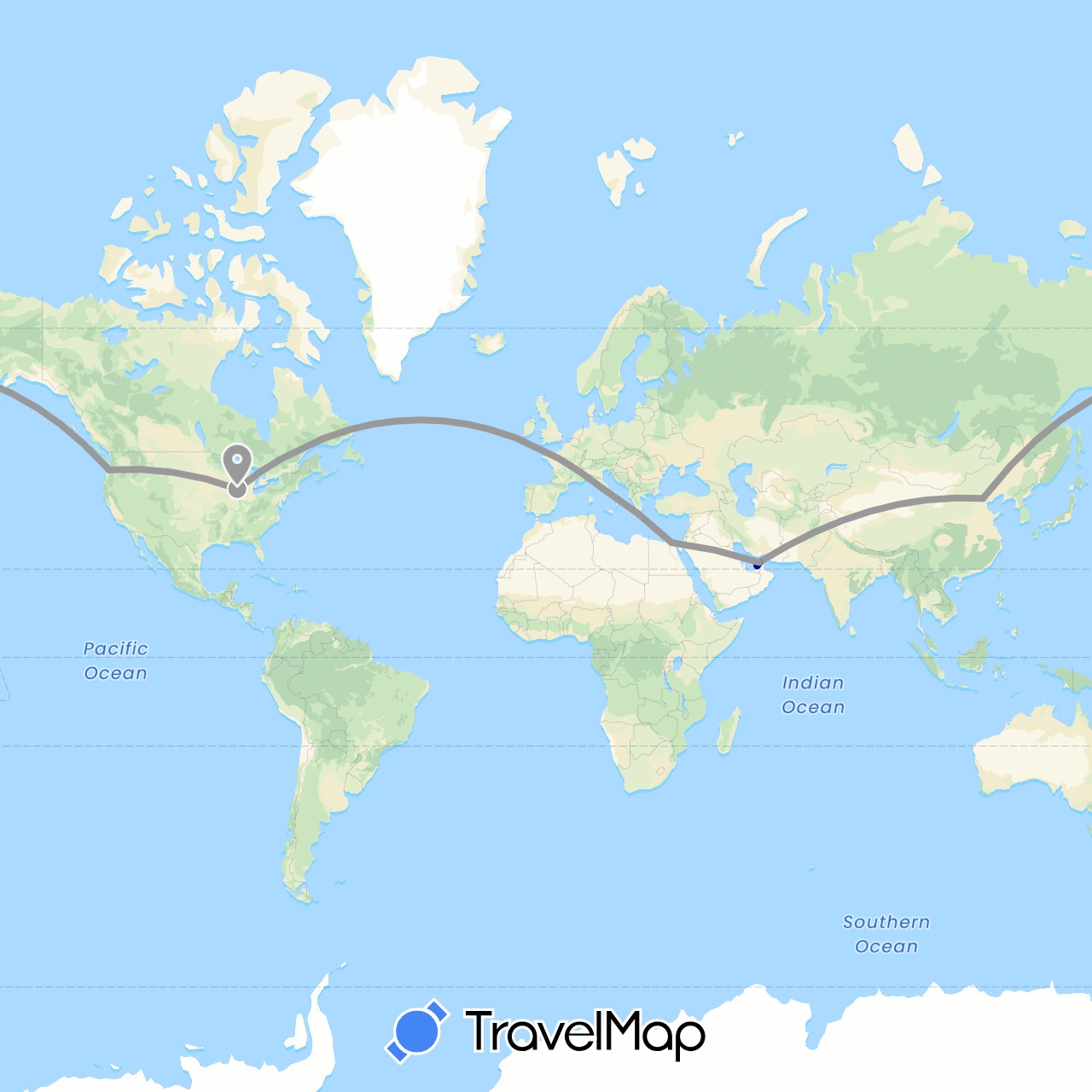 TravelMap itinerary: driving, plane in United Arab Emirates, China, Egypt, Italy, United States (Africa, Asia, Europe, North America)