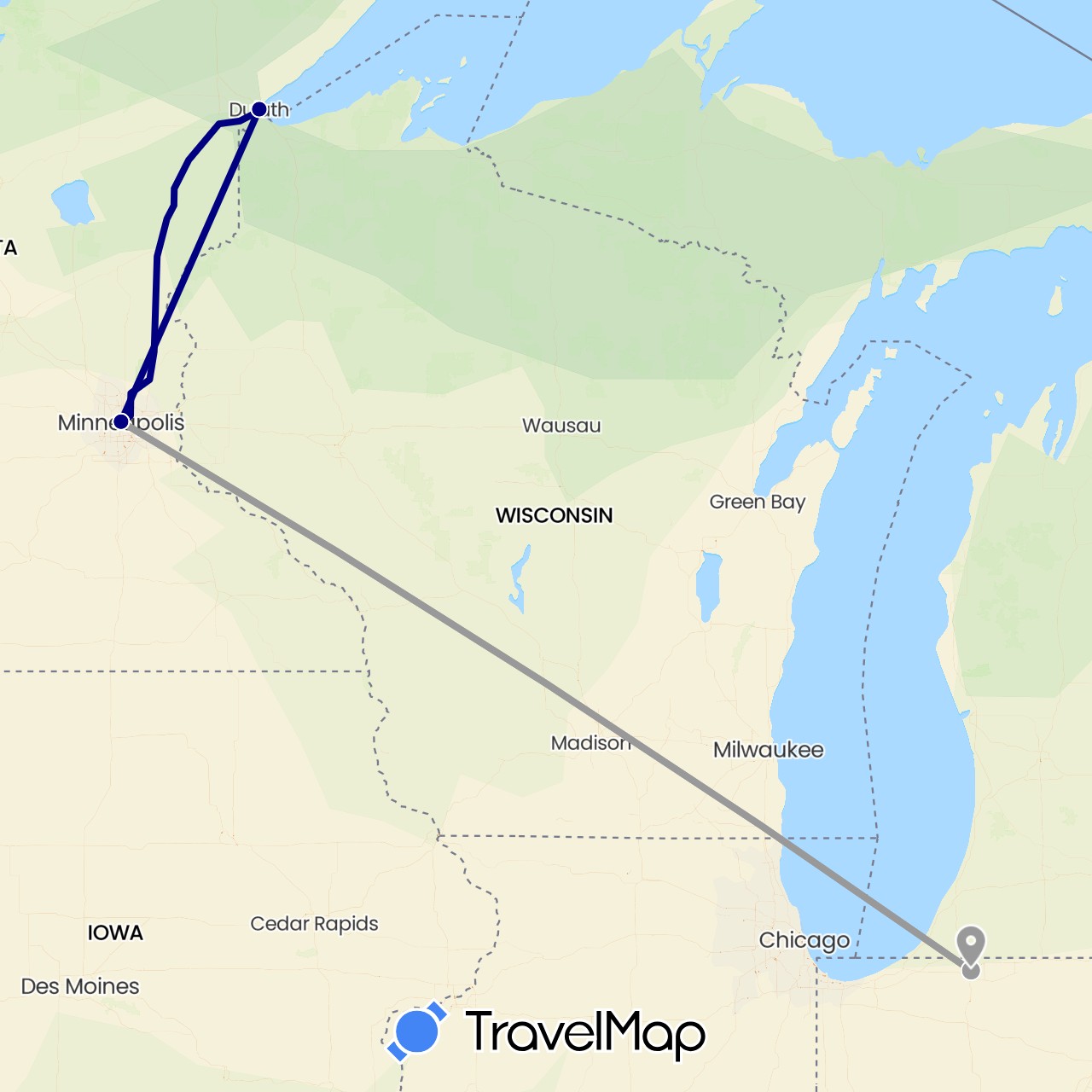 TravelMap itinerary: driving, plane in United States (North America)