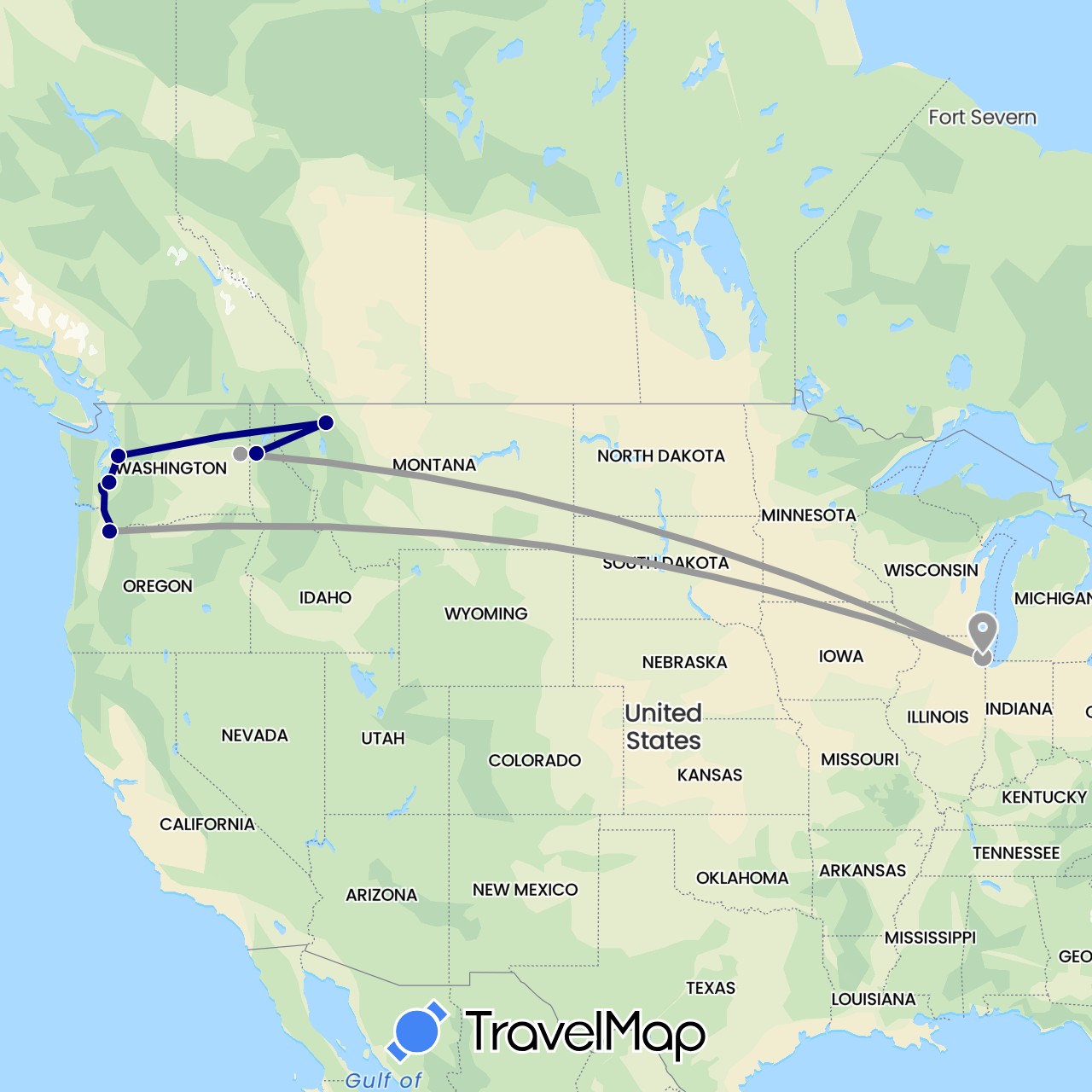 TravelMap itinerary: driving, plane in United States (North America)