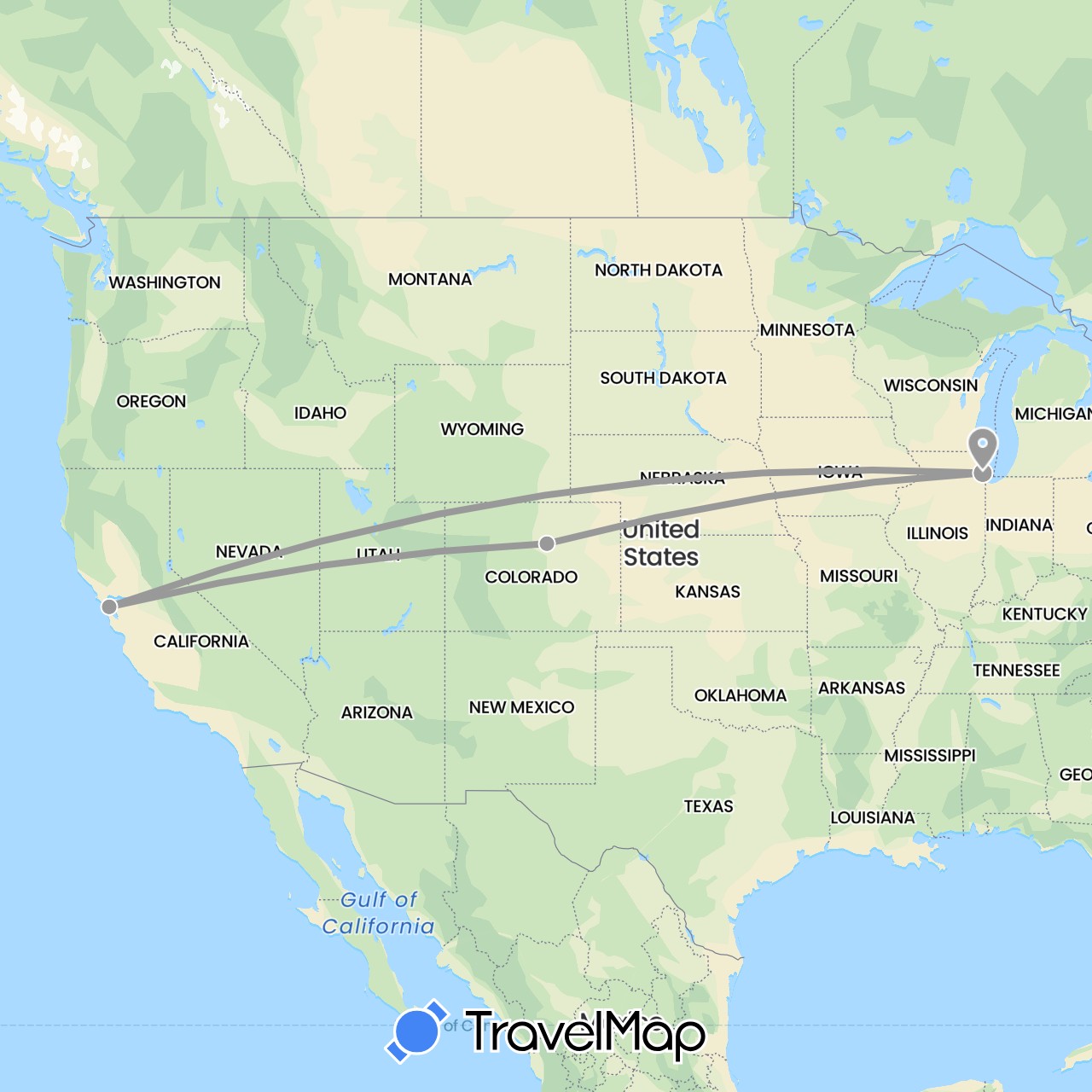 TravelMap itinerary: driving, plane in United States (North America)