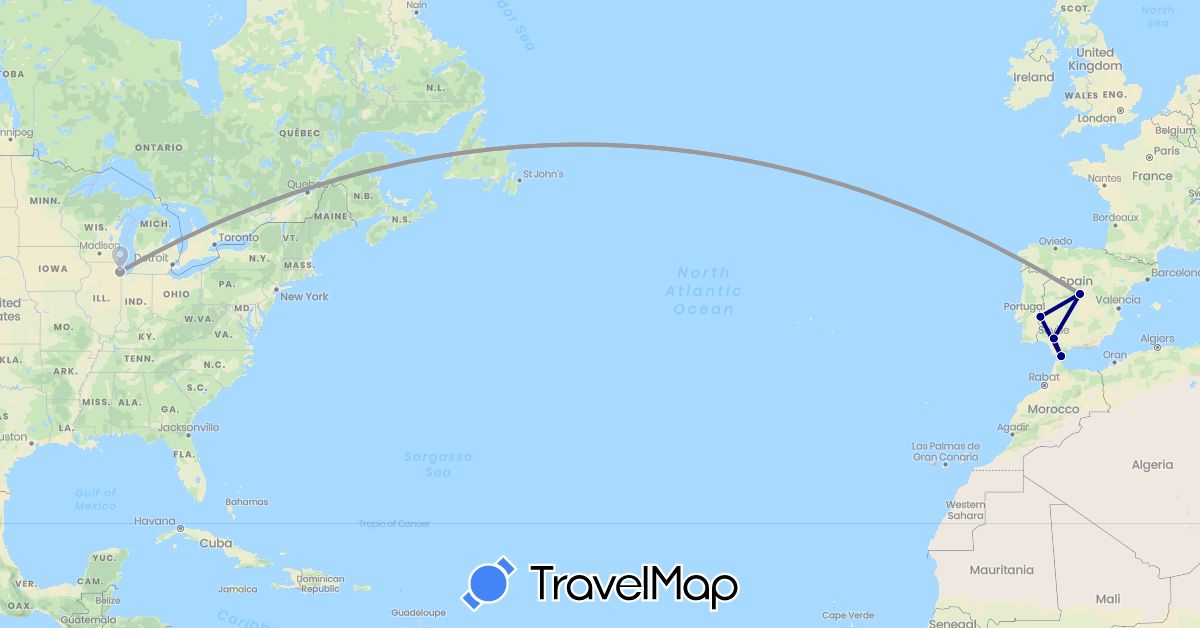 TravelMap itinerary: driving, plane in Spain, Gibraltar, Portugal, United States (Europe, North America)