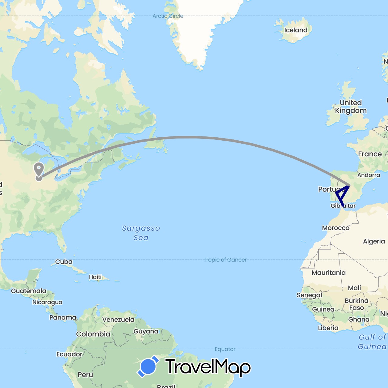 TravelMap itinerary: driving, plane in Spain, Gibraltar, Portugal, United States (Europe, North America)