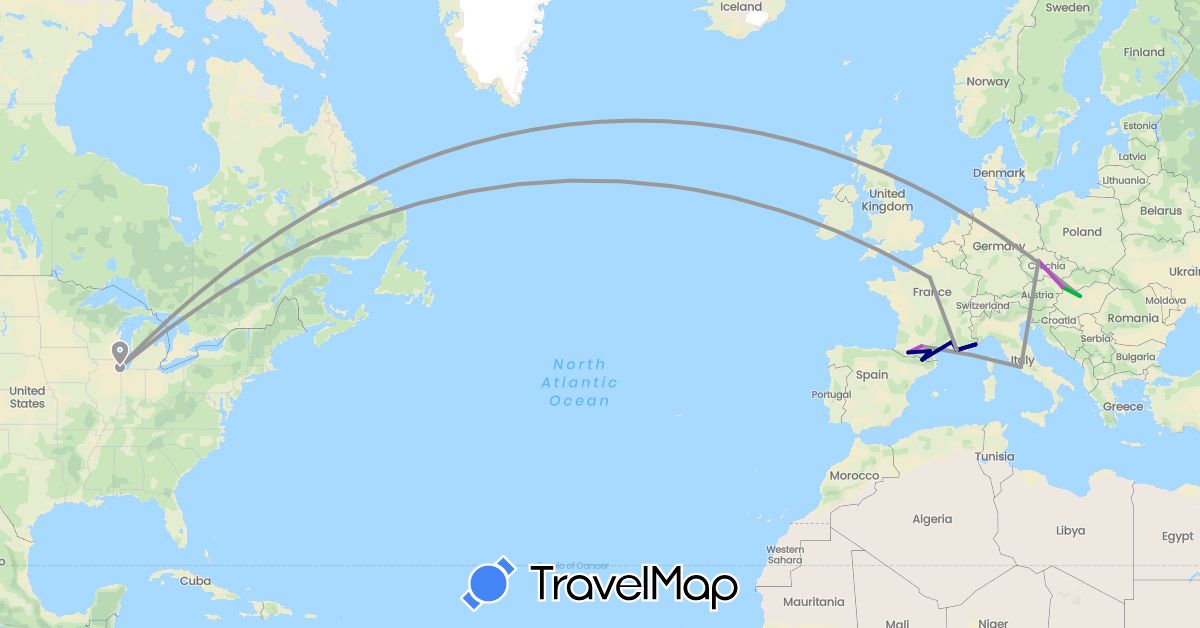 TravelMap itinerary: driving, bus, plane, train in Andorra, Czech Republic, France, Hungary, Italy, Monaco, Slovakia, United States (Europe, North America)