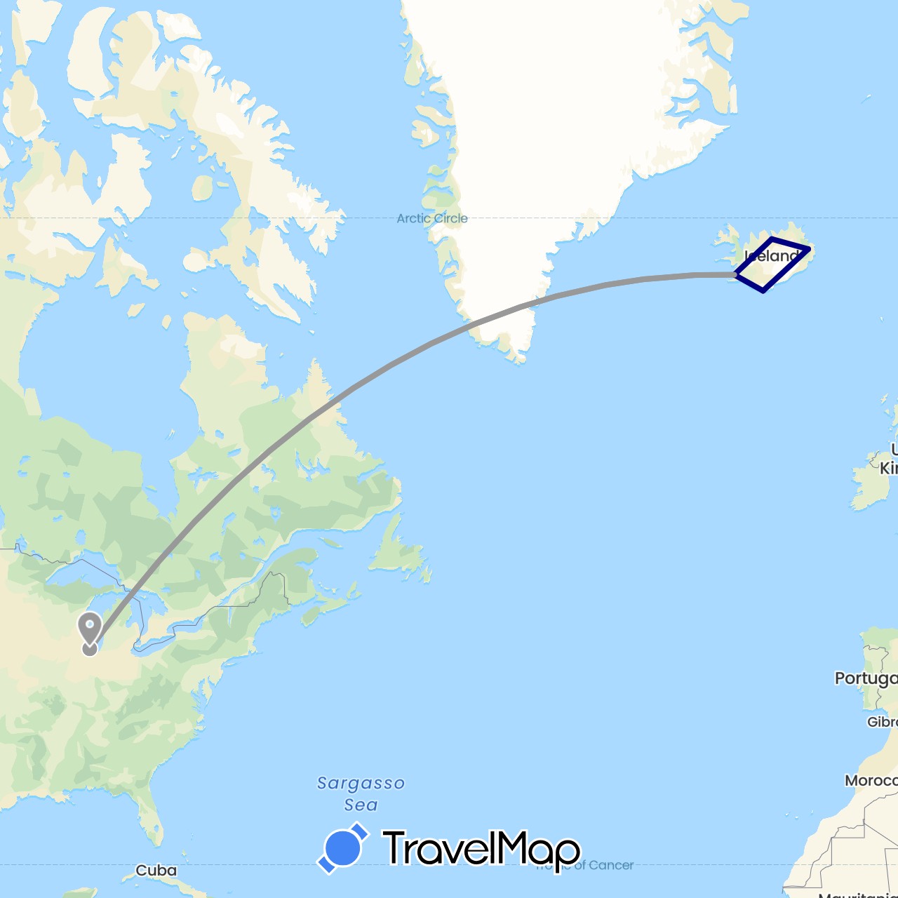 TravelMap itinerary: driving, plane in Iceland, United States (Europe, North America)