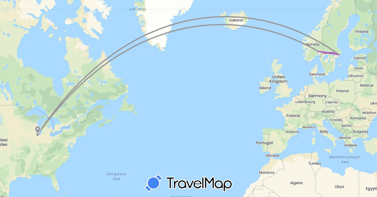 TravelMap itinerary: driving, plane, train in Norway, Sweden, United States (Europe, North America)