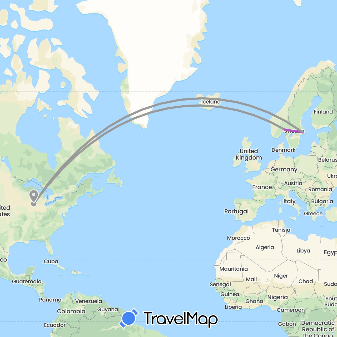 TravelMap itinerary: driving, plane, train in Norway, Sweden, United States (Europe, North America)
