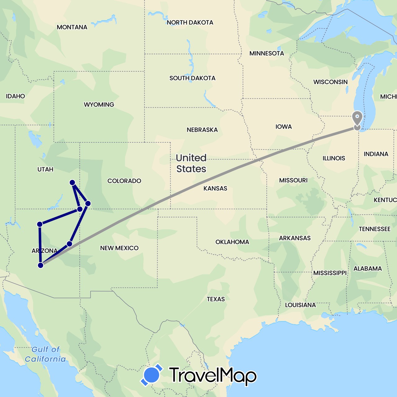 TravelMap itinerary: driving, plane in United States (North America)
