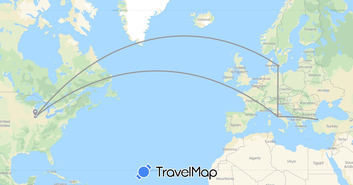 TravelMap itinerary: driving, plane in Denmark, Italy, Turkey, United States (Asia, Europe, North America)