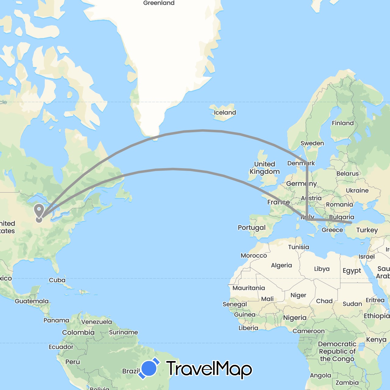 TravelMap itinerary: driving, plane in Denmark, Italy, Turkey, United States (Asia, Europe, North America)