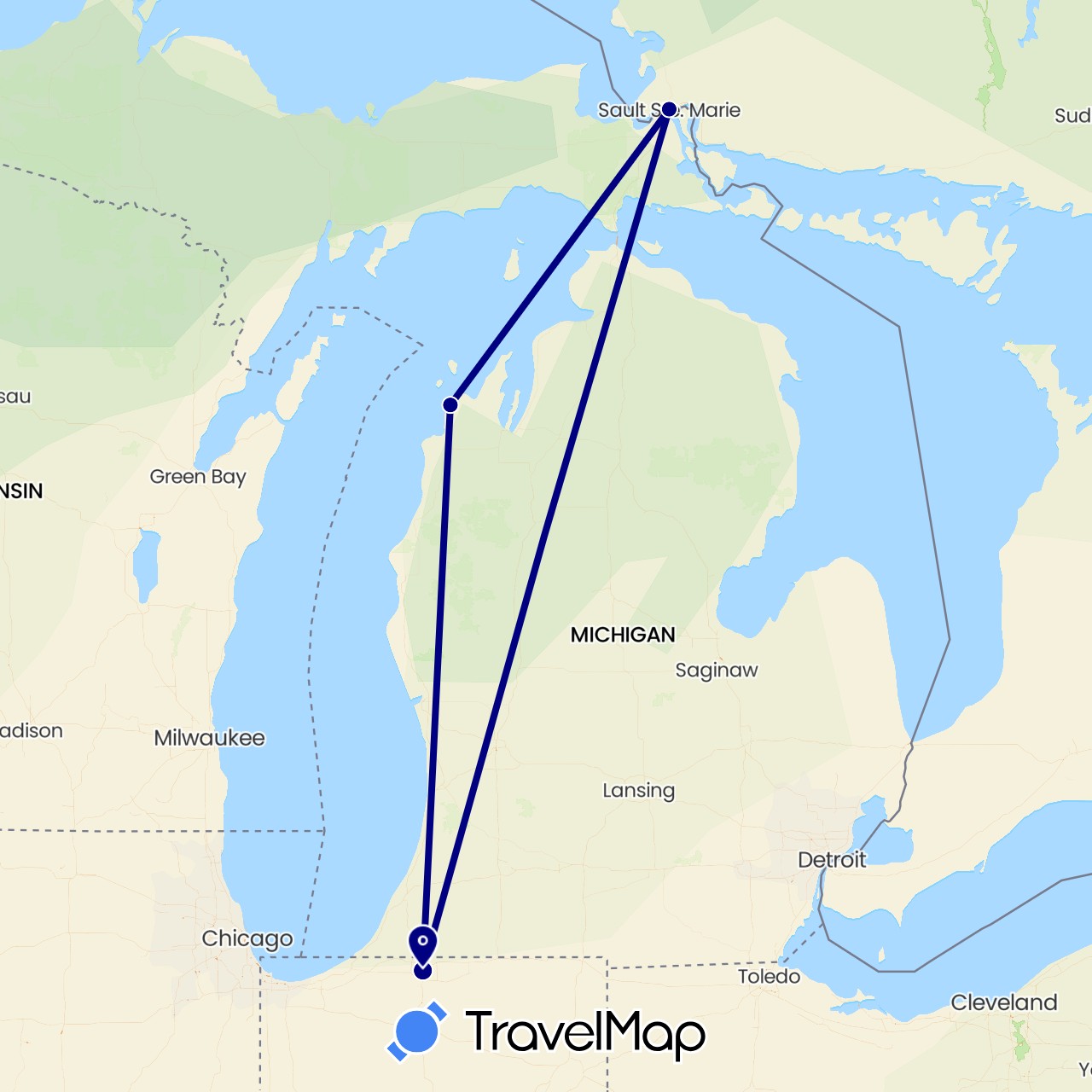 TravelMap itinerary: driving in Canada, United States (North America)