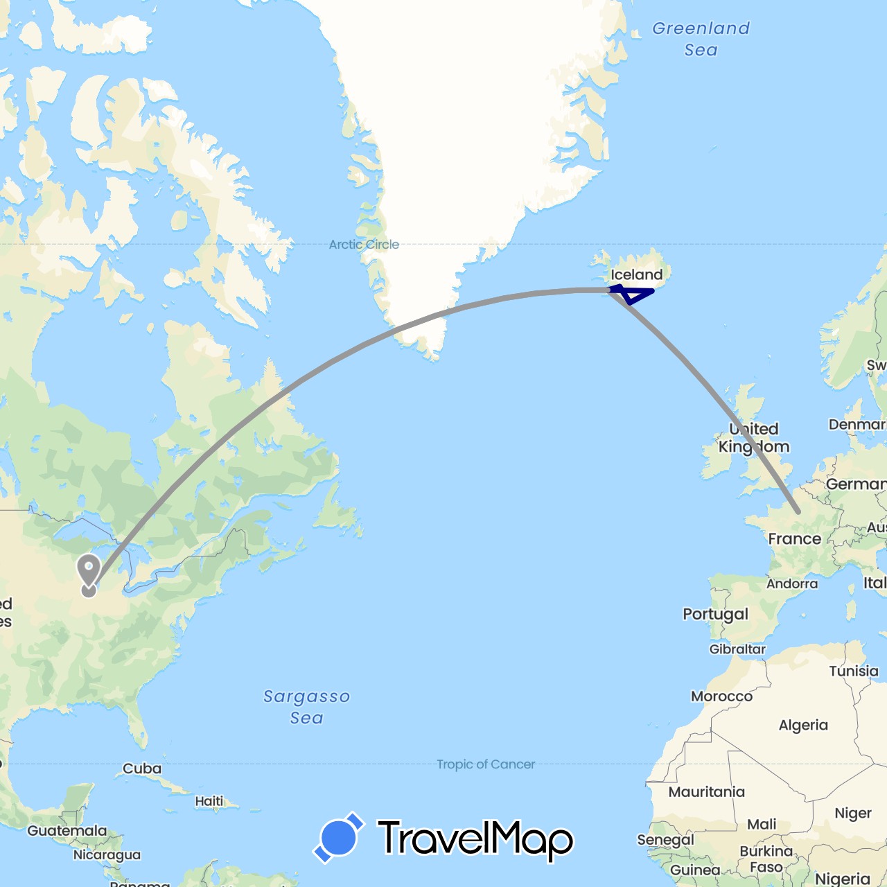 TravelMap itinerary: driving, plane in France, Iceland, United States (Europe, North America)
