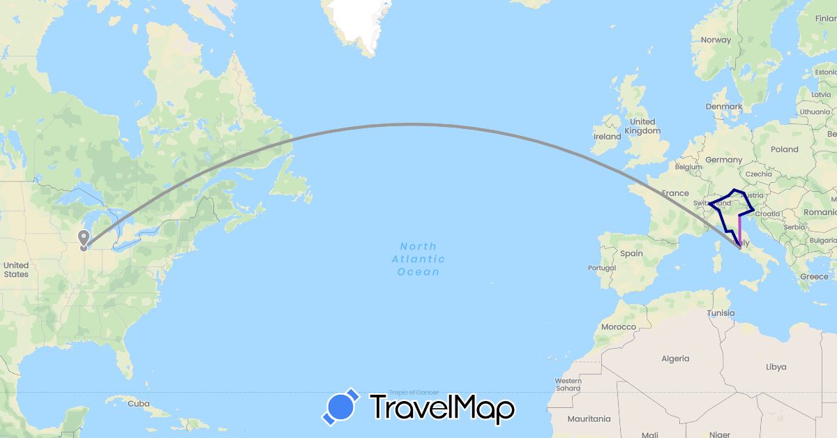 TravelMap itinerary: driving, plane, train in Austria, Switzerland, Germany, Italy, Liechtenstein, Slovenia, United States (Europe, North America)