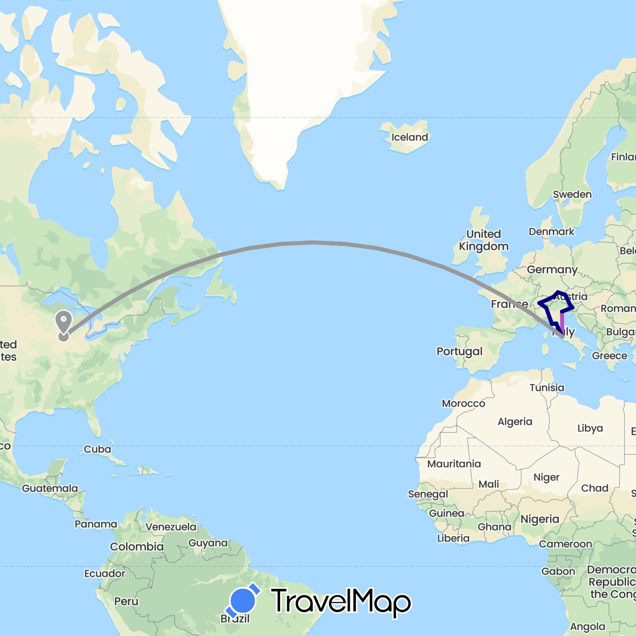 TravelMap itinerary: driving, plane, train in Austria, Switzerland, Germany, Italy, Liechtenstein, Slovenia, United States (Europe, North America)