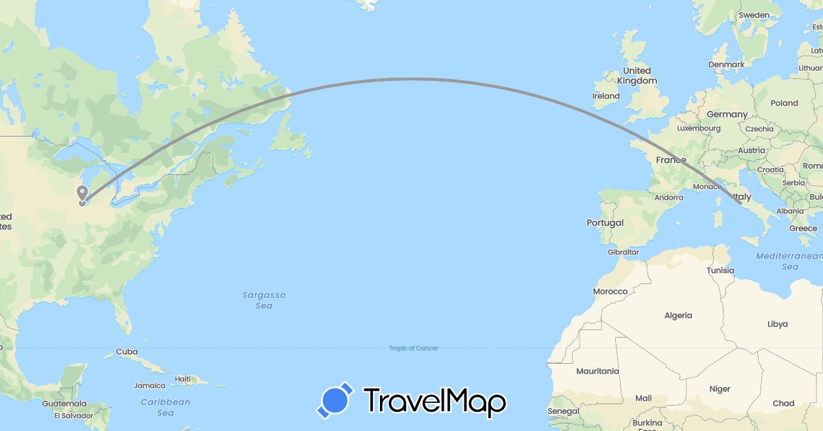 TravelMap itinerary: plane in Italy, United States (Europe, North America)