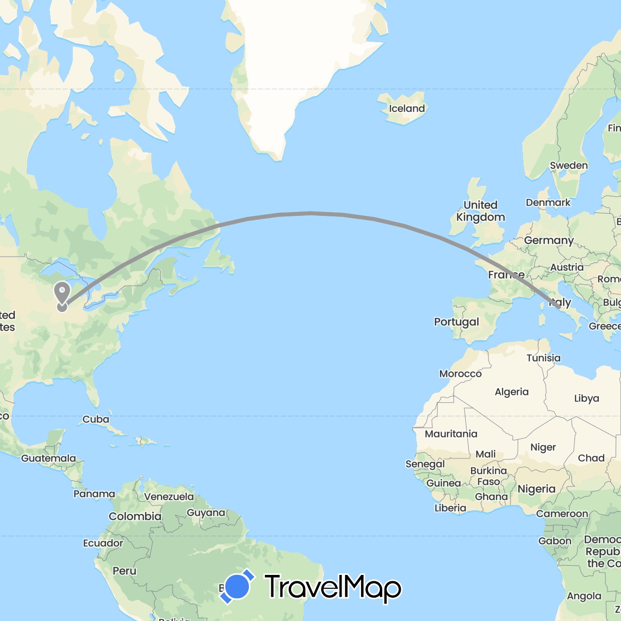 TravelMap itinerary: plane in Italy, United States (Europe, North America)