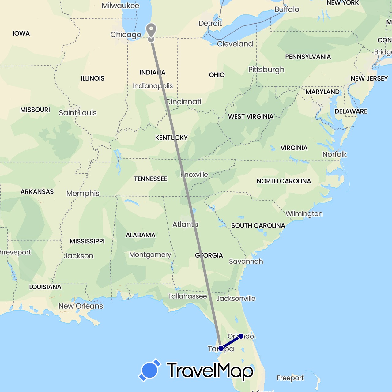 TravelMap itinerary: driving, plane in United States (North America)