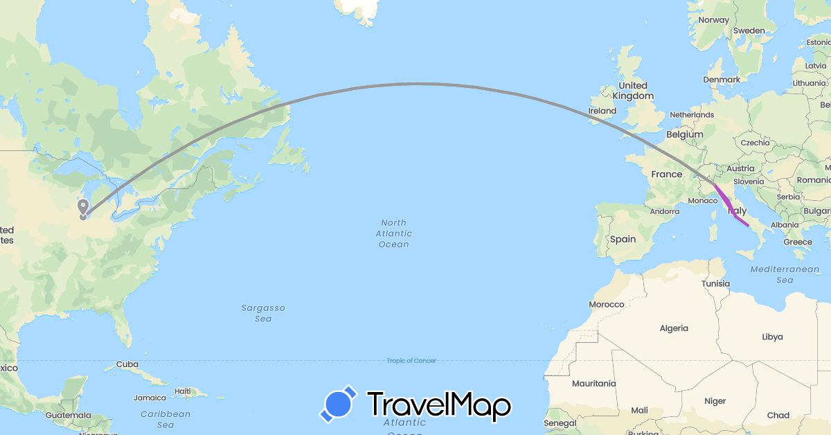 TravelMap itinerary: driving, plane, train in Italy, United States (Europe, North America)