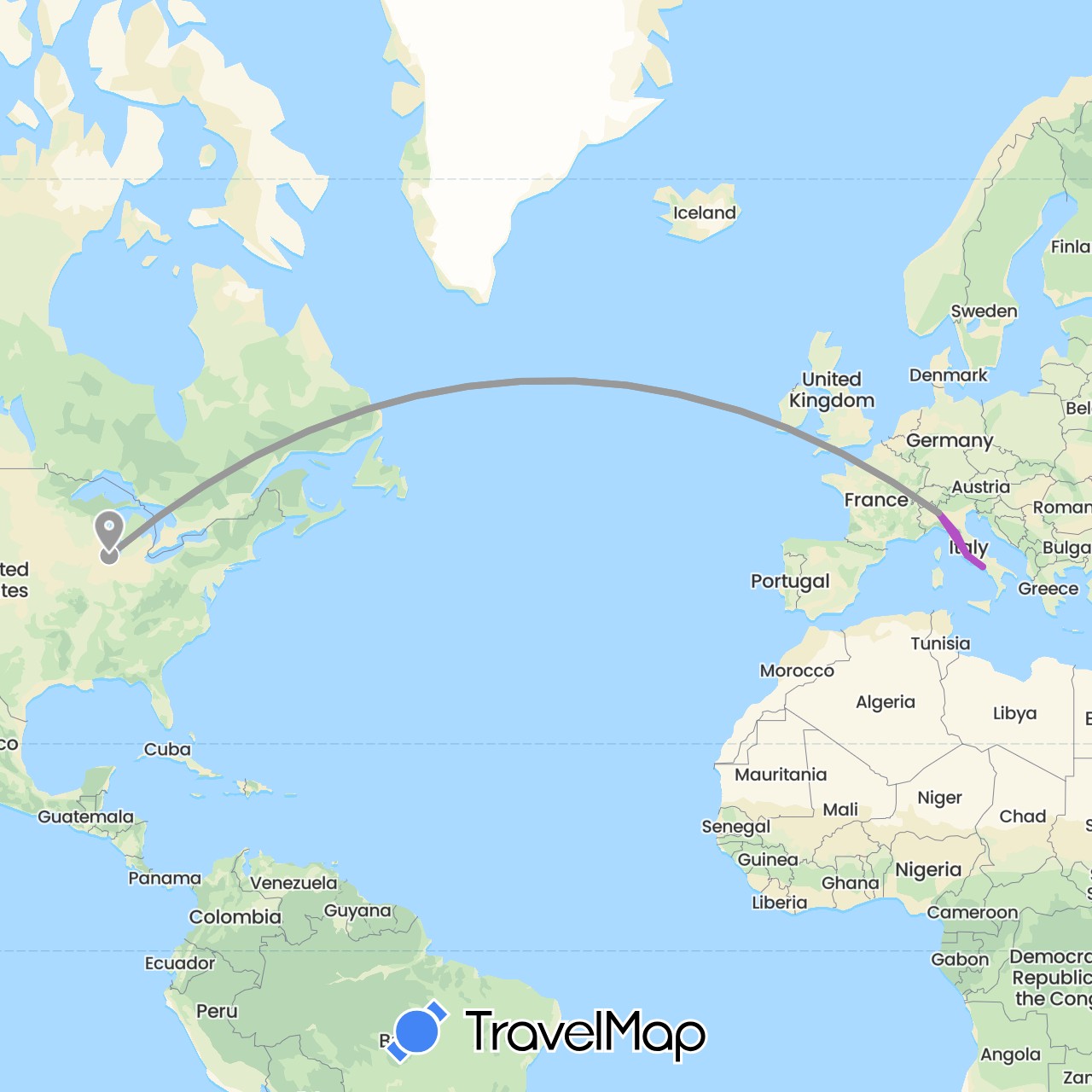 TravelMap itinerary: driving, plane, train in Italy, United States (Europe, North America)