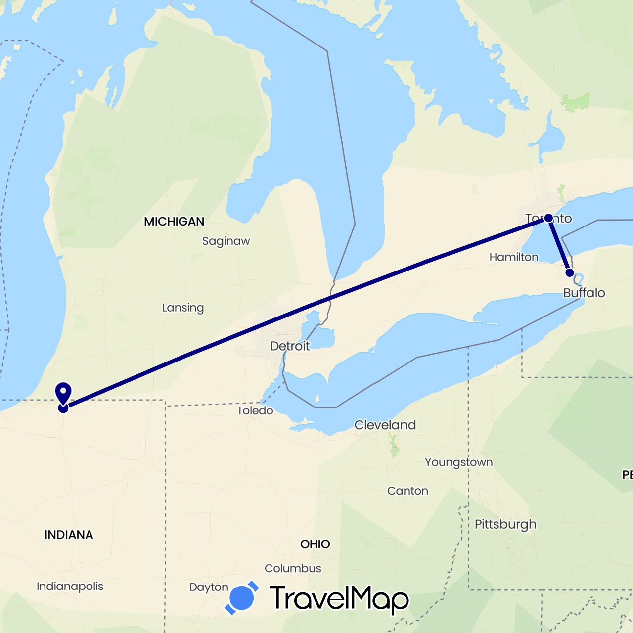 TravelMap itinerary: driving in Canada, United States (North America)