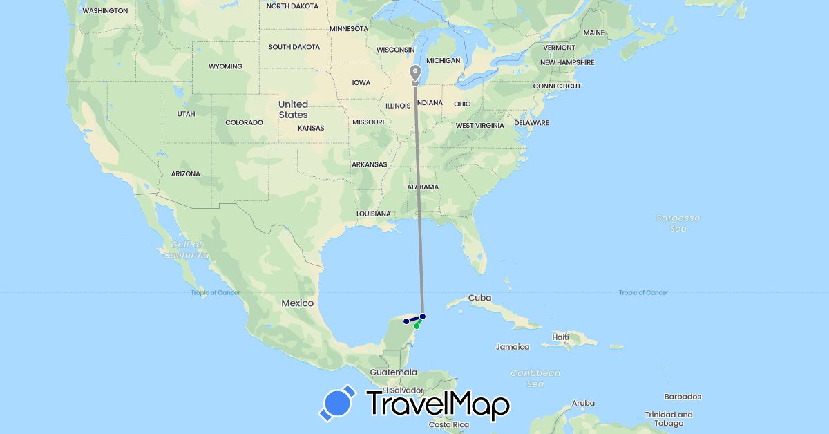 TravelMap itinerary: driving, bus, plane in Mexico, United States (North America)