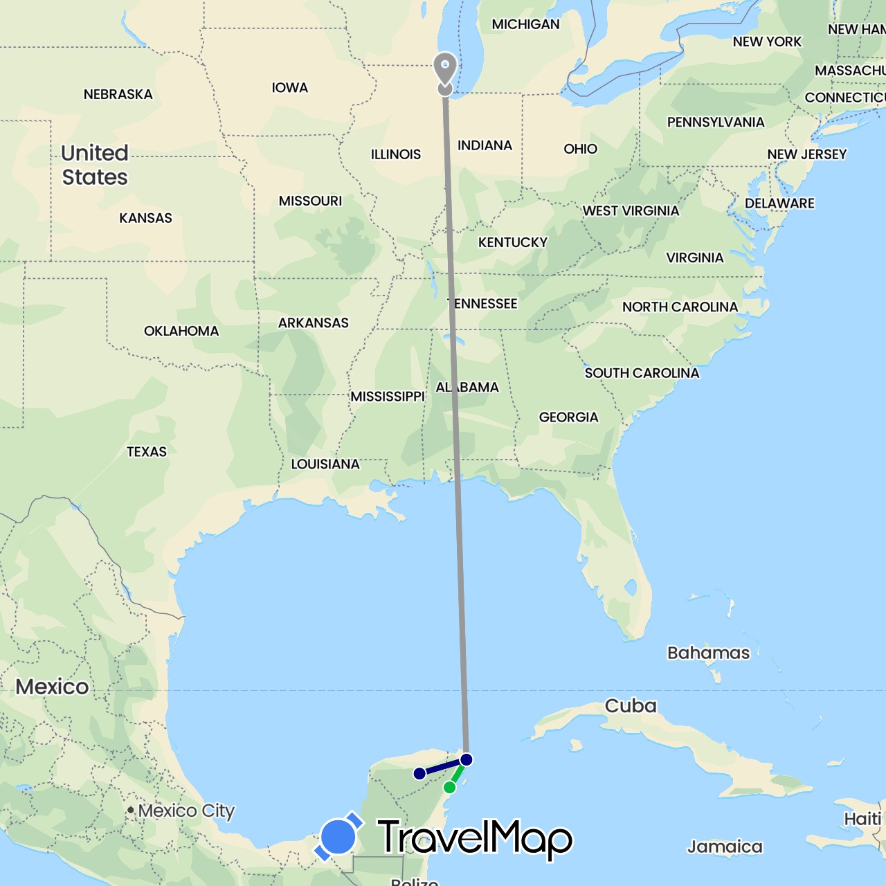 TravelMap itinerary: driving, bus, plane in Mexico, United States (North America)