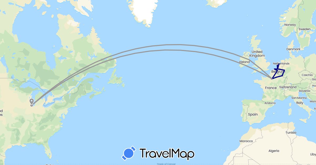 TravelMap itinerary: driving, plane, train in Belgium, Germany, France, Ireland, Luxembourg, Netherlands, United States (Europe, North America)