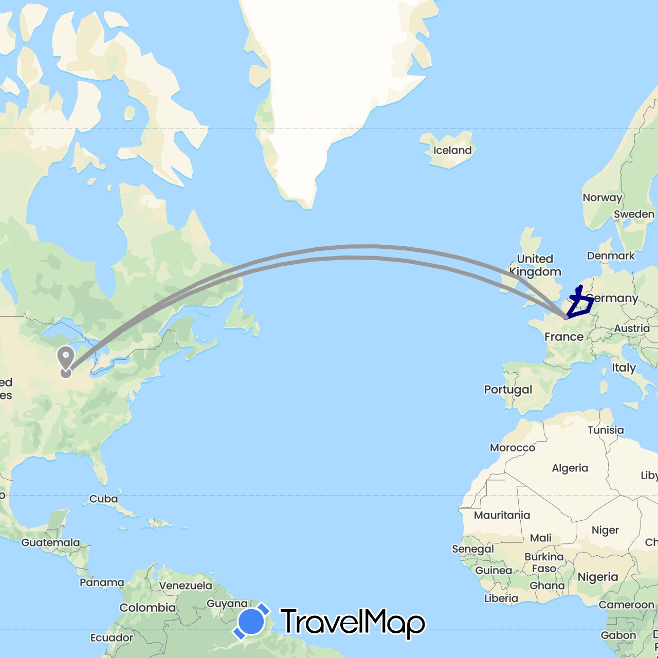 TravelMap itinerary: driving, plane, train in Belgium, Germany, France, Ireland, Luxembourg, Netherlands, United States (Europe, North America)