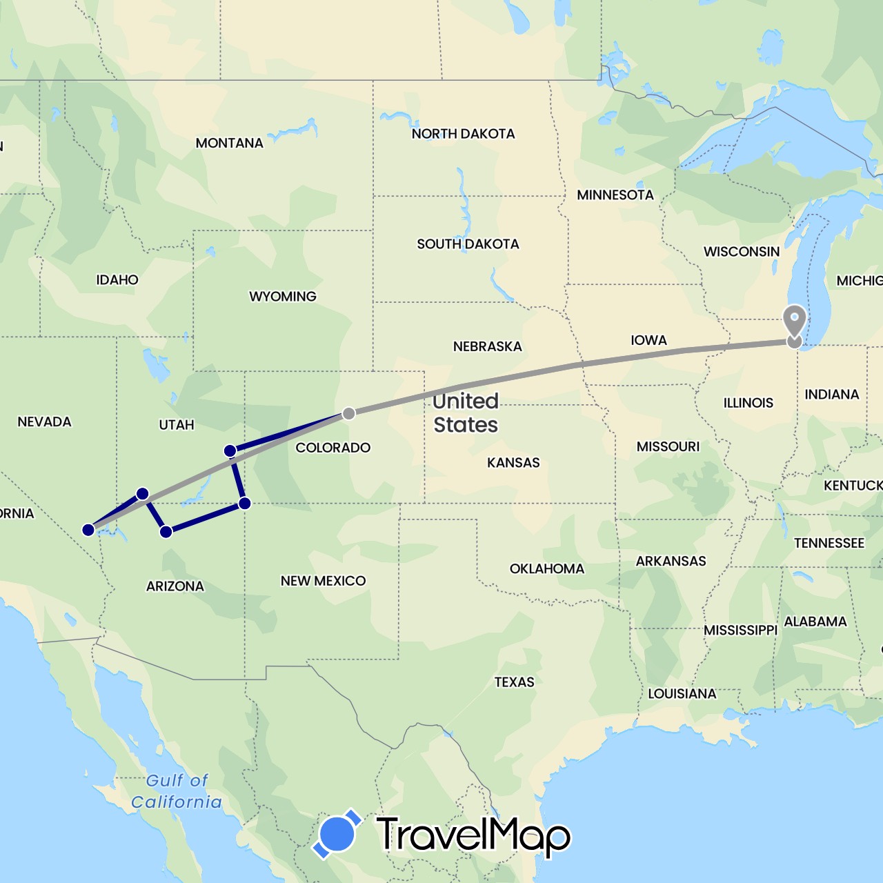 TravelMap itinerary: driving, plane in United States (North America)