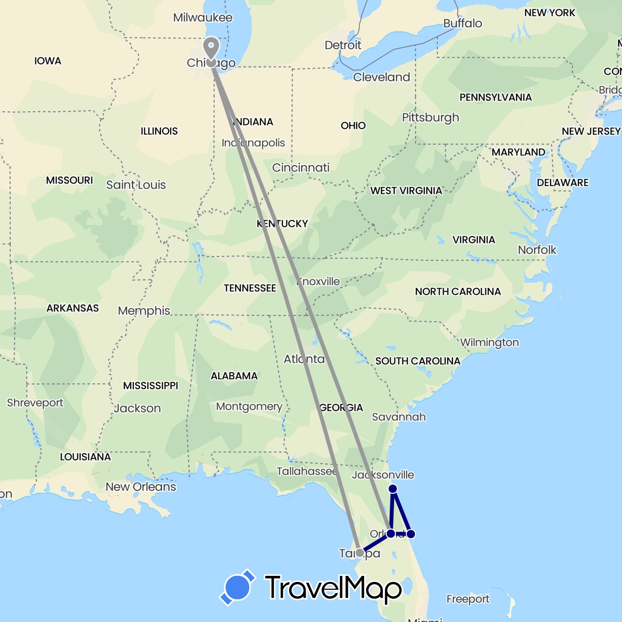 TravelMap itinerary: driving, plane in United States (North America)