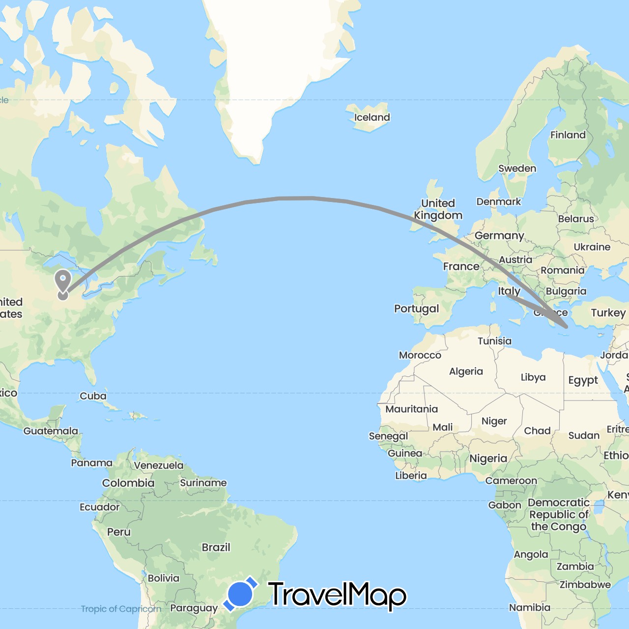 TravelMap itinerary: driving, plane in Greece, Italy, United States (Europe, North America)