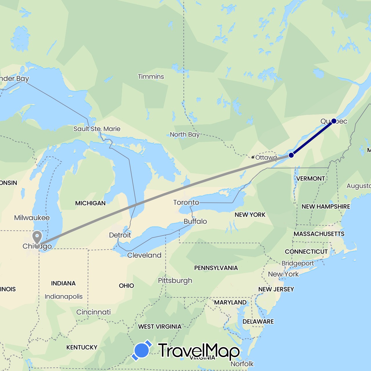 TravelMap itinerary: driving, plane in Canada, United States (North America)