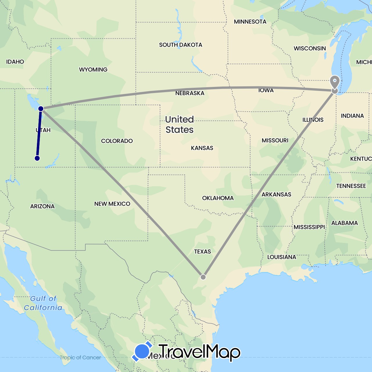 TravelMap itinerary: driving, plane in United States (North America)
