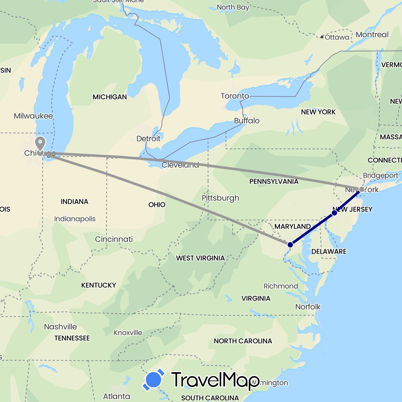 TravelMap itinerary: driving, plane in United States (North America)